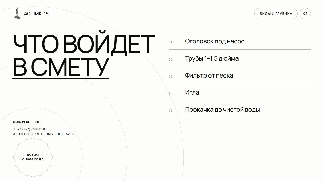 Что войдет в смету. Оголовок под насос; Трубы 1–1,5 дюйма; Фильтр от песка; Игла; Прокачка до чистой воды.