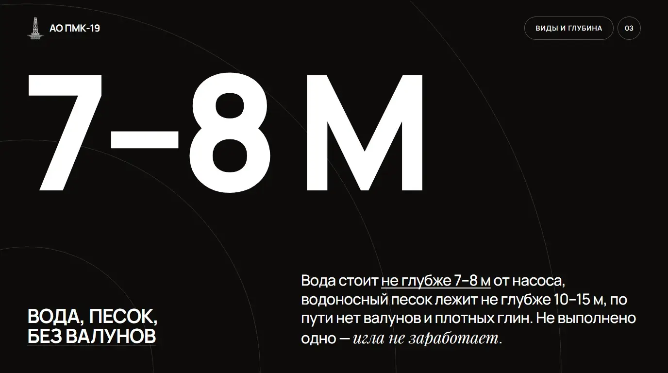 Вода, песок, без валунов. Вода стоит не глубже 7–8 м от насоса, водоносный песок лежит не глубже 10–15 м, по пути нет валунов и плотных глин. Не выполнено одно — игла не заработает.