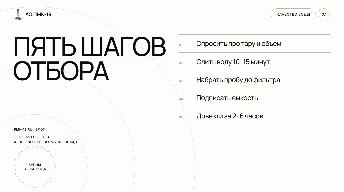 Пять шагов отбора. Спросить про тару и объем; Слить воду 10–15 минут; Набрать пробу до фильтра; Подписать емкость; Довезти за 2–6 часов.