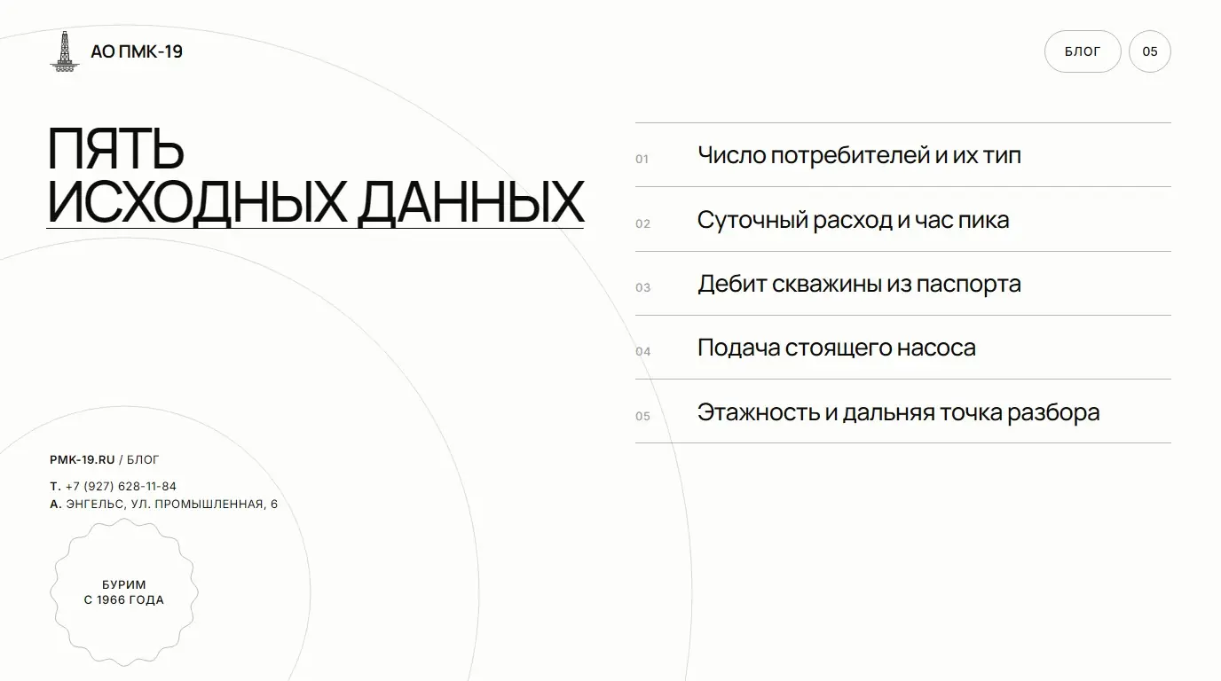 Пять исходных данных. Число потребителей и их тип; Суточный расход и час пика; Дебит скважины из паспорта; Подача стоящего насоса; Этажность и дальняя точка разбора.