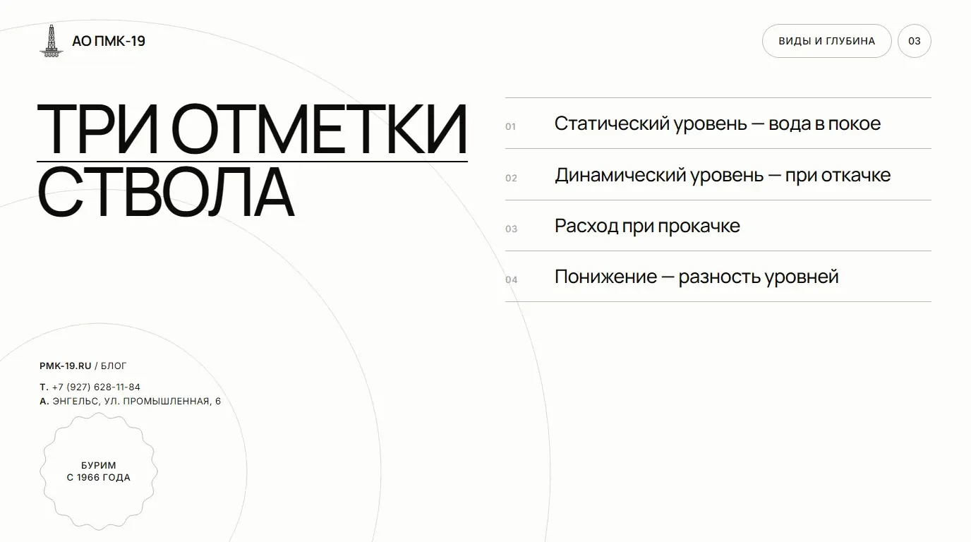Три отметки ствола. Статический уровень — вода в покое; Динамический уровень — при откачке; Расход при прокачке; Понижение — разность уровней.