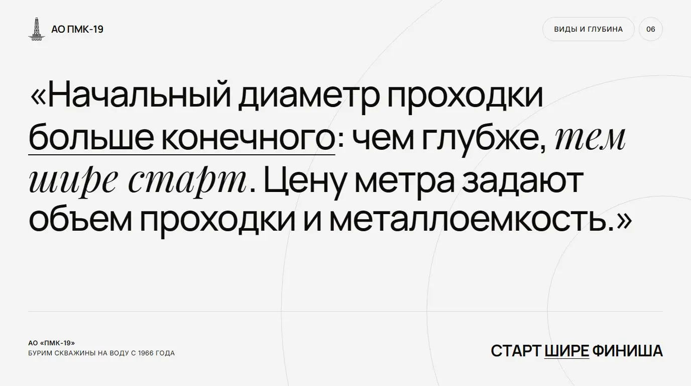 Старт шире финиша. Начальный диаметр проходки больше конечного: чем глубже, тем шире старт. Цену метра задают объем проходки и металлоемкость.