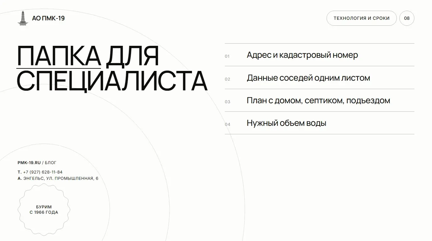 Папка для специалиста. Адрес и кадастровый номер; Данные соседей одним листом; План с домом, септиком, подъездом; Нужный объем воды.