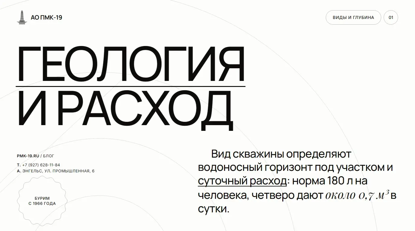 Геология и расход. Вид скважины определяют водоносный горизонт под участком и суточный расход: норма 180 л на человека, четверо дают около 0,7 м³ в сутки.
