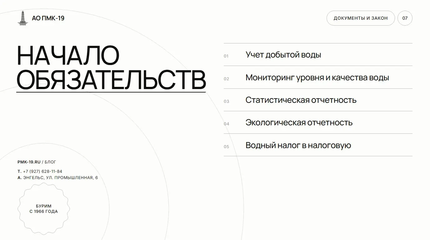 Начало обязательств. Учет добытой воды; Мониторинг уровня и качества воды; Статистическая отчетность; Экологическая отчетность; Водный налог в налоговую.