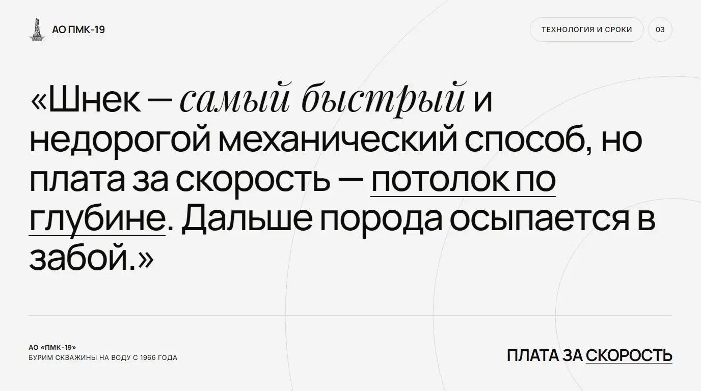 Плата за скорость. Шнек — самый быстрый и недорогой механический способ, но плата за скорость — потолок по глубине. Дальше порода осыпается в забой.