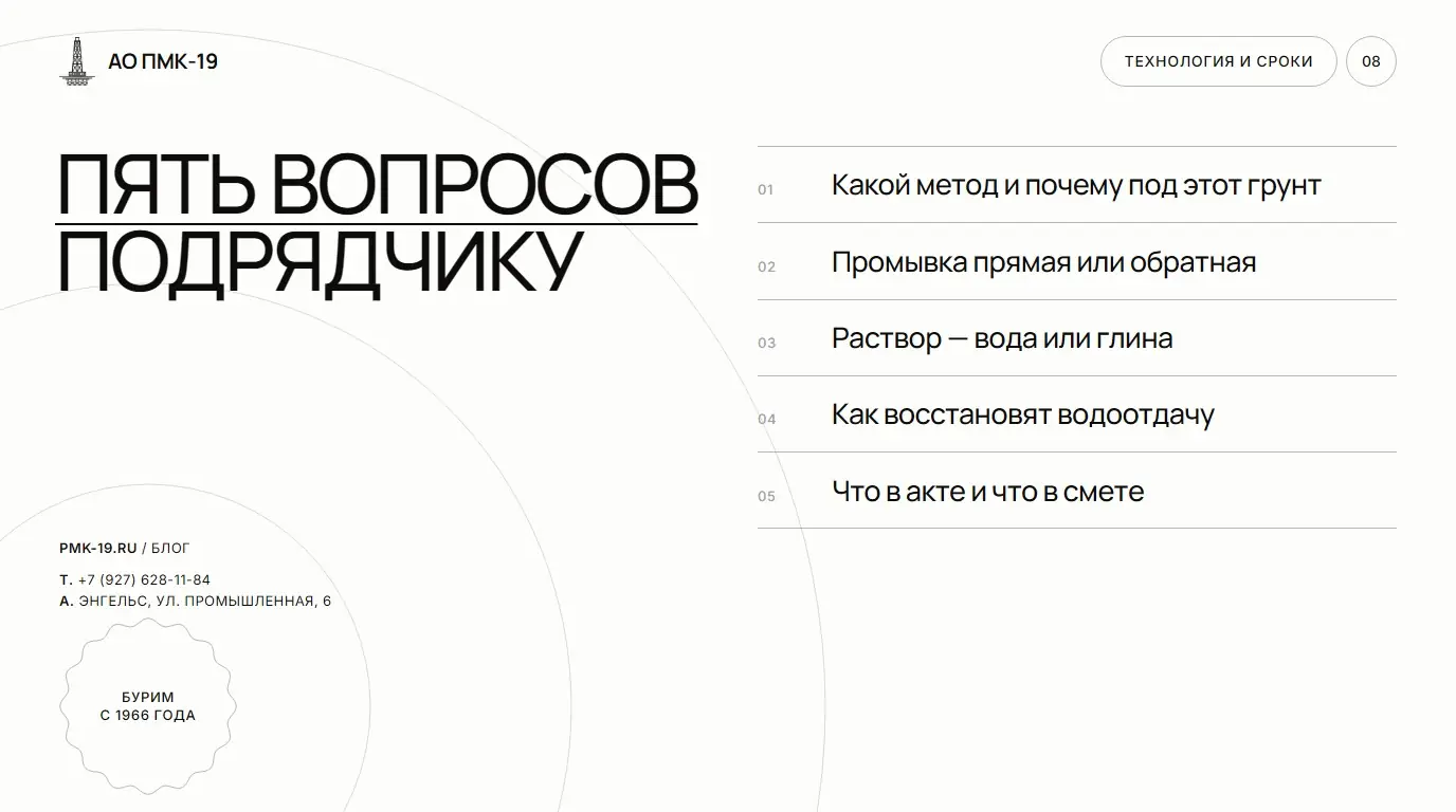 Пять вопросов подрядчику. Какой метод и почему под этот грунт; Промывка прямая или обратная; Раствор — вода или глина; Как восстановят водоотдачу; Что в акте и что в смете.