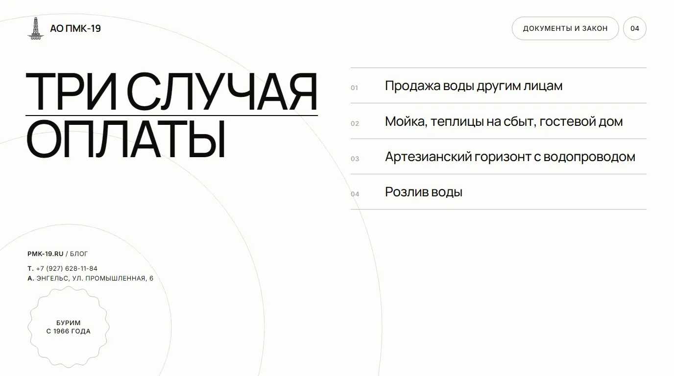 Три случая оплаты. Продажа воды другим лицам; Мойка, теплицы на сбыт, гостевой дом; Артезианский горизонт с водопроводом; Розлив воды.