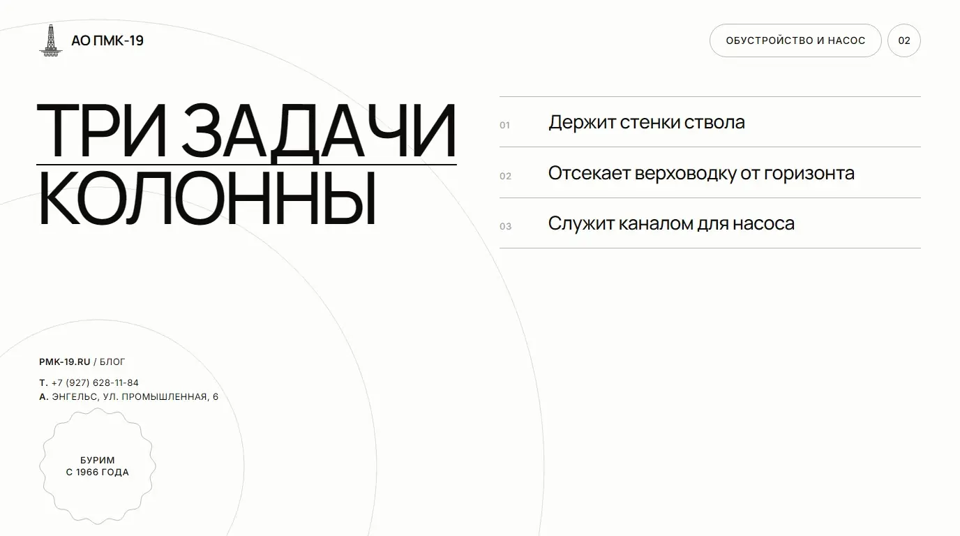 Три задачи колонны. Держит стенки ствола; Отсекает верховодку от горизонта; Служит каналом для насоса.