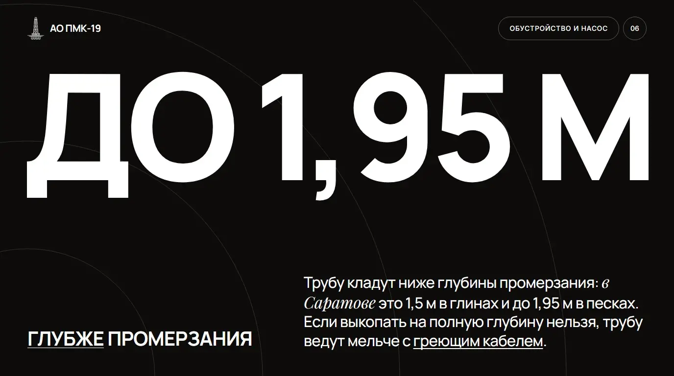 Глубже промерзания. Трубу кладут ниже глубины промерзания: в Саратове это 1,5 м в глинах и до 1,95 м в песках. Если выкопать на полную глубину нельзя, трубу ведут мельче с греющим кабелем.