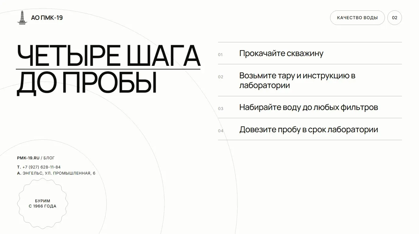 Четыре шага до пробы. Прокачайте скважину; Возьмите тару и инструкцию в лаборатории; Набирайте воду до любых фильтров; Довезите пробу в срок лаборатории.
