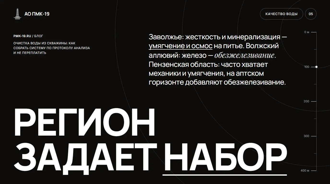 Регион задает набор. Заволжье: жесткость и минерализация — умягчение и осмос на питье. Волжский аллювий: железо — обезжелезивание. Пензенская область: часто хватает механики и умягчения, на аптском горизонте добавляют обезжелезивание.
