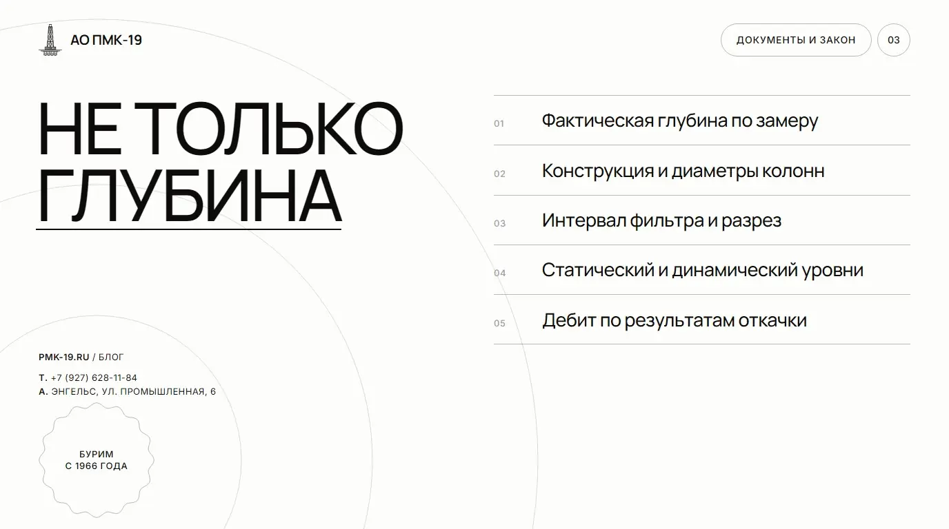 Не только глубина. Фактическая глубина по замеру; Конструкция и диаметры колонн; Интервал фильтра и разрез; Статический и динамический уровни; Дебит по результатам откачки.