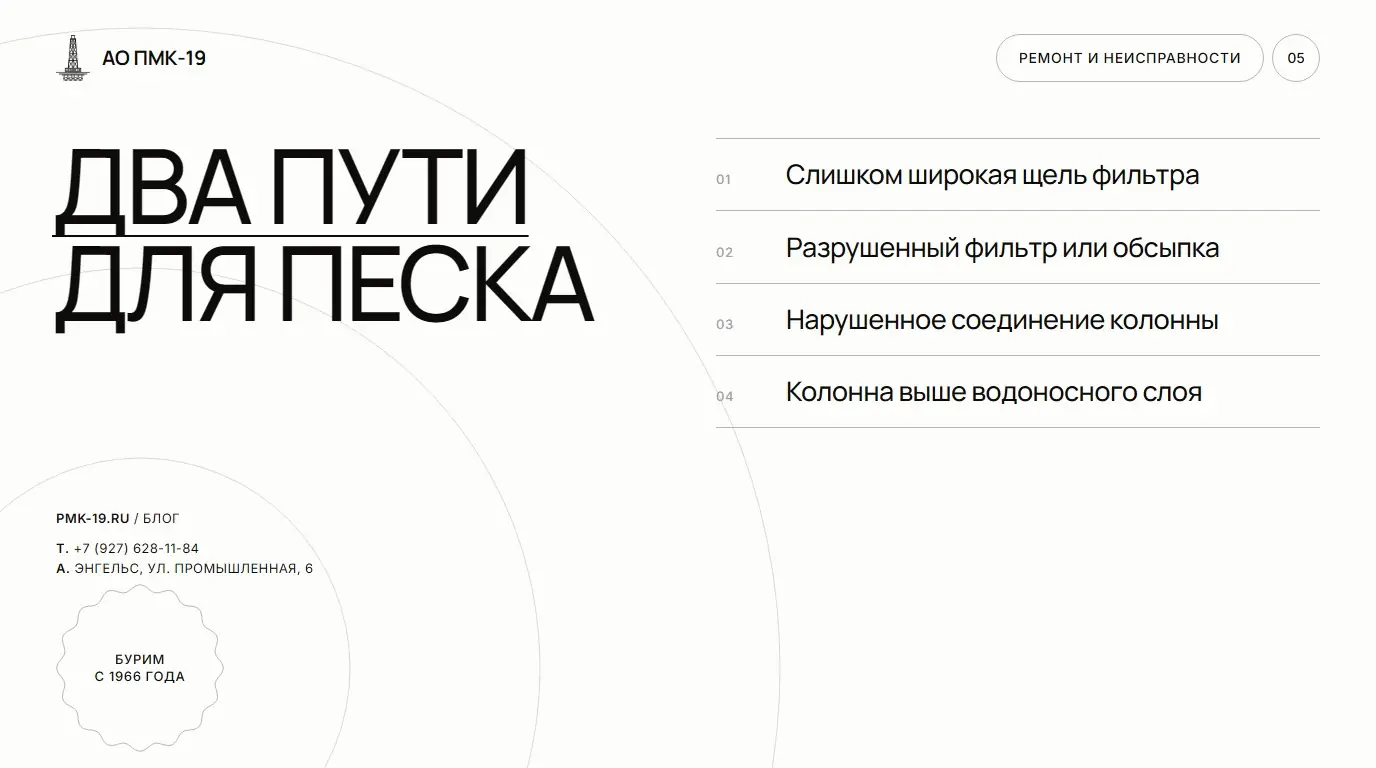 Два пути для песка. Слишком широкая щель фильтра; Разрушенный фильтр или обсыпка; Нарушенное соединение колонны; Колонна выше водоносного слоя.