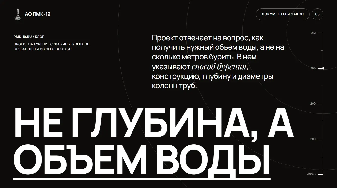 Не глубина, а объем воды. Проект отвечает на вопрос, как получить нужный объем воды, а не на сколько метров бурить. В нем указывают способ бурения, конструкцию, глубину и диаметры колонн труб.