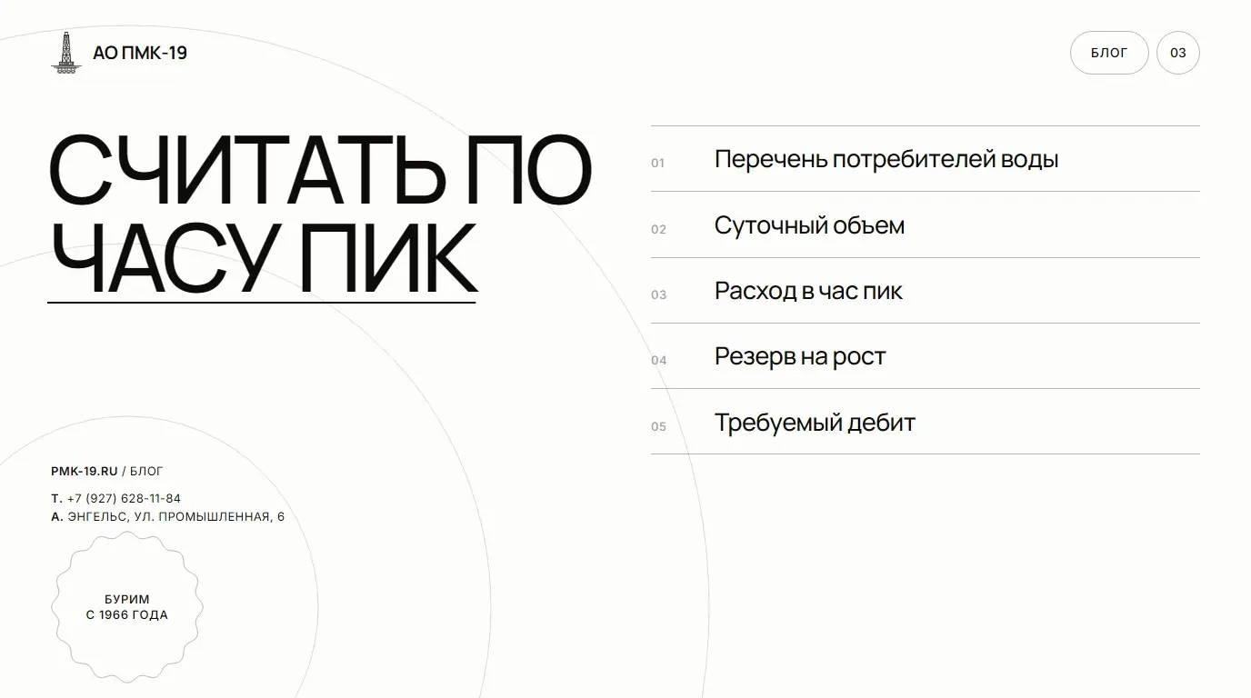 Считать по часу пик. Перечень потребителей воды; Суточный объем; Расход в час пик; Резерв на рост; Требуемый дебит.