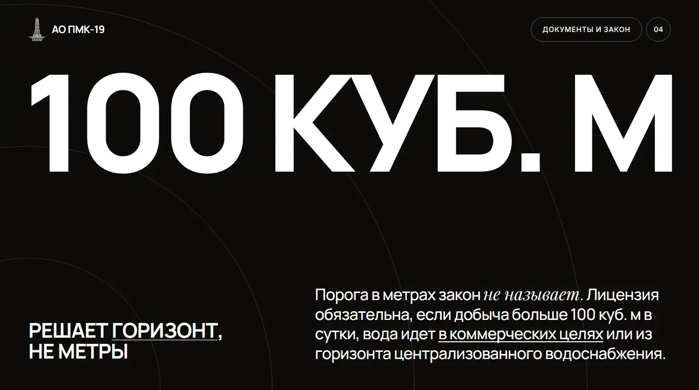 Решает горизонт, не метры. Порога в метрах закон не называет. Лицензия обязательна, если добыча больше 100 куб. м в сутки, вода идет в коммерческих целях или из горизонта централизованного водоснабжения.