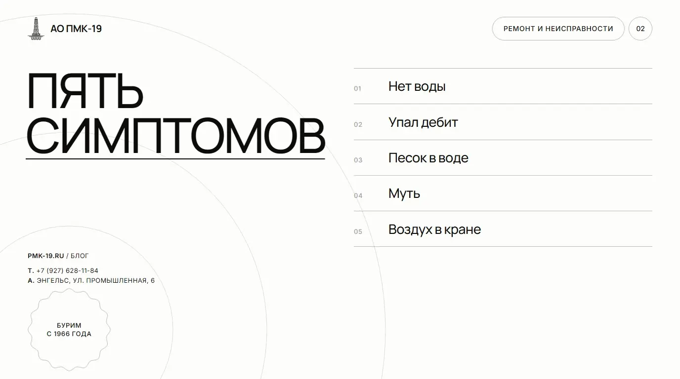 Пять симптомов. Нет воды; Упал дебит; Песок в воде; Муть; Воздух в кране.