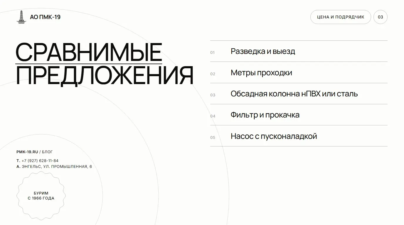 Сравнимые предложения. Разведка и выезд; Метры проходки; Обсадная колонна нПВХ или сталь; Фильтр и прокачка; Насос с пусконаладкой.