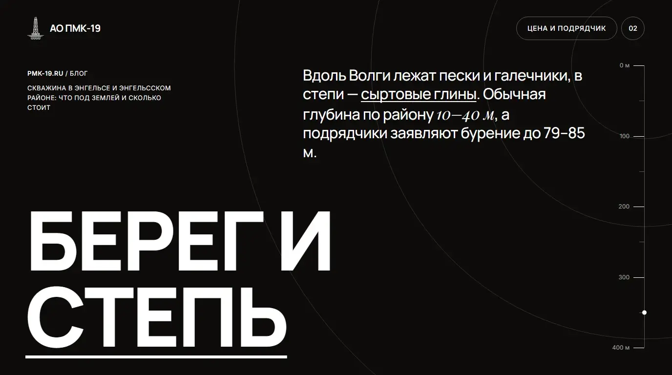 Берег и степь. Вдоль Волги лежат пески и галечники, в степи — сыртовые глины. Обычная глубина по району 10–40 м, а подрядчики заявляют бурение до 79–85 м.