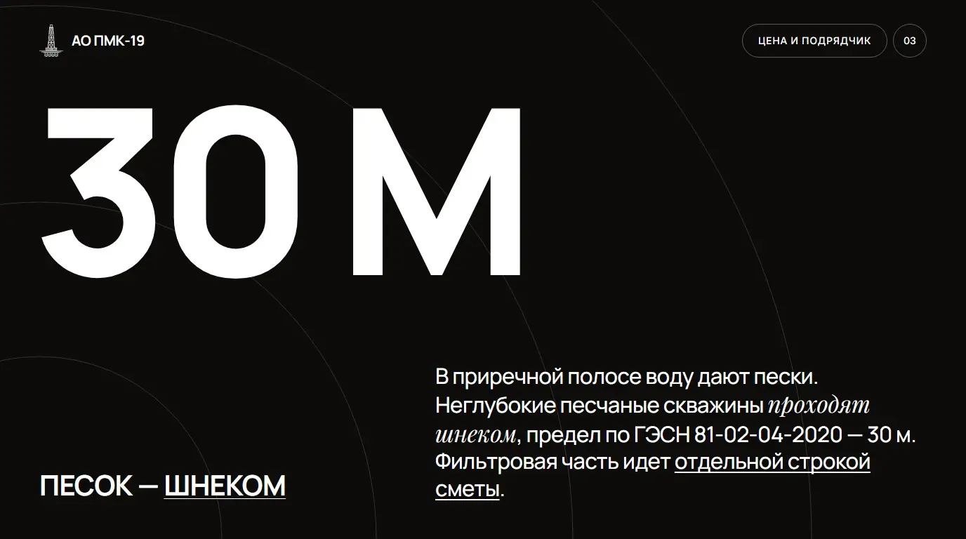 Песок — шнеком. В приречной полосе воду дают пески. Неглубокие песчаные скважины проходят шнеком, предел по ГЭСН 81-02-04-2020 — 30 м. Фильтровая часть идет отдельной строкой сметы.