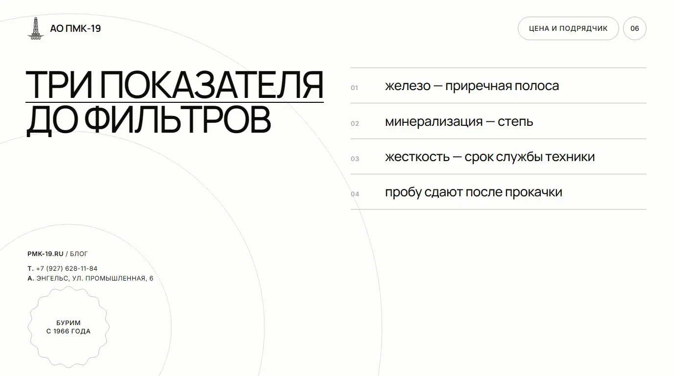 Три показателя до фильтров. железо — приречная полоса; минерализация — степь; жесткость — срок службы техники; пробу сдают после прокачки.