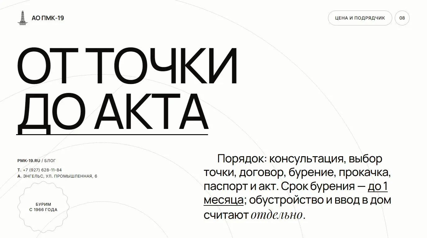 От точки до акта. Порядок: консультация, выбор точки, договор, бурение, прокачка, паспорт и акт. Срок бурения — до 1 месяца; обустройство и ввод в дом считают отдельно.