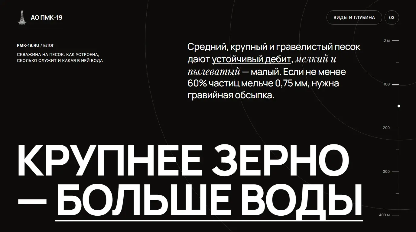 Крупнее зерно — больше воды. Средний, крупный и гравелистый песок дают устойчивый дебит, мелкий и пылеватый — малый. Если не менее 60% частиц мельче 0,75 мм, нужна гравийная обсыпка.