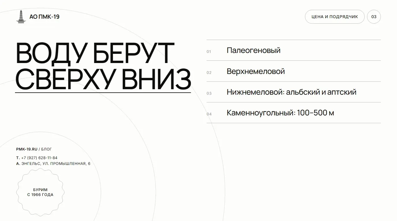 Воду берут сверху вниз. Палеогеновый; Верхнемеловой; Нижнемеловой: альбский и аптский; Каменноугольный: 100–500 м.