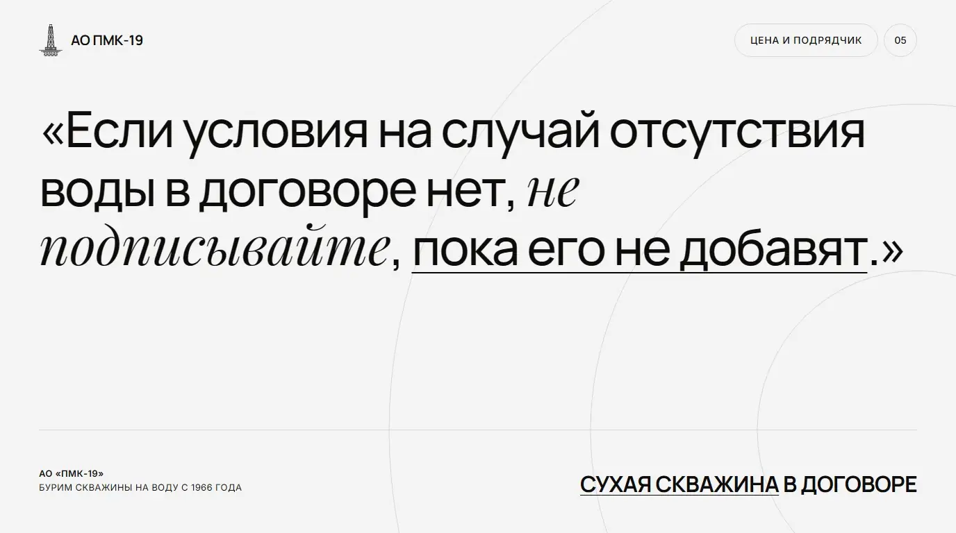 Сухая скважина в договоре. Если условия на случай отсутствия воды в договоре нет, не подписывайте, пока его не добавят.