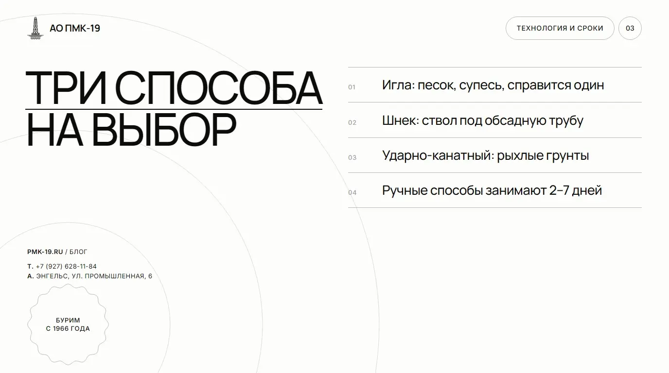 Три способа на выбор. Игла: песок, супесь, справится один; Шнек: ствол под обсадную трубу; Ударно-канатный: рыхлые грунты; Ручные способы занимают 2–7 дней.