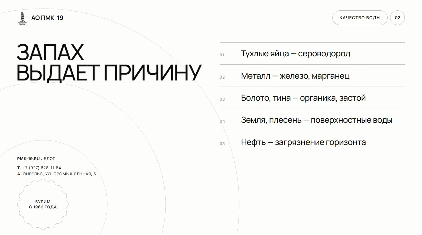 Запах выдает причину. Тухлые яйца — сероводород; Металл — железо, марганец; Болото, тина — органика, застой; Земля, плесень — поверхностные воды; Нефть — загрязнение горизонта.