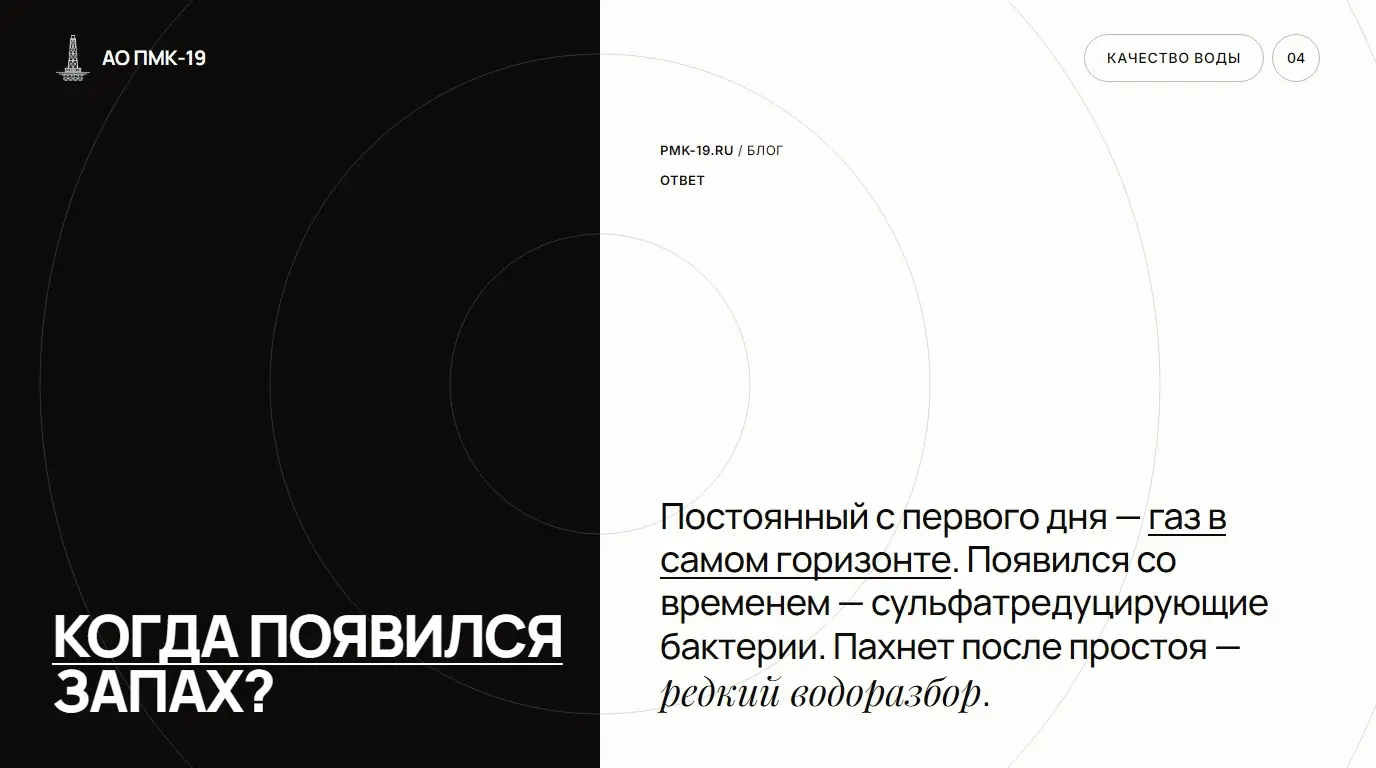 Когда появился запах? Постоянный с первого дня — газ в самом горизонте. Появился со временем — сульфатредуцирующие бактерии. Пахнет после простоя — редкий водоразбор.