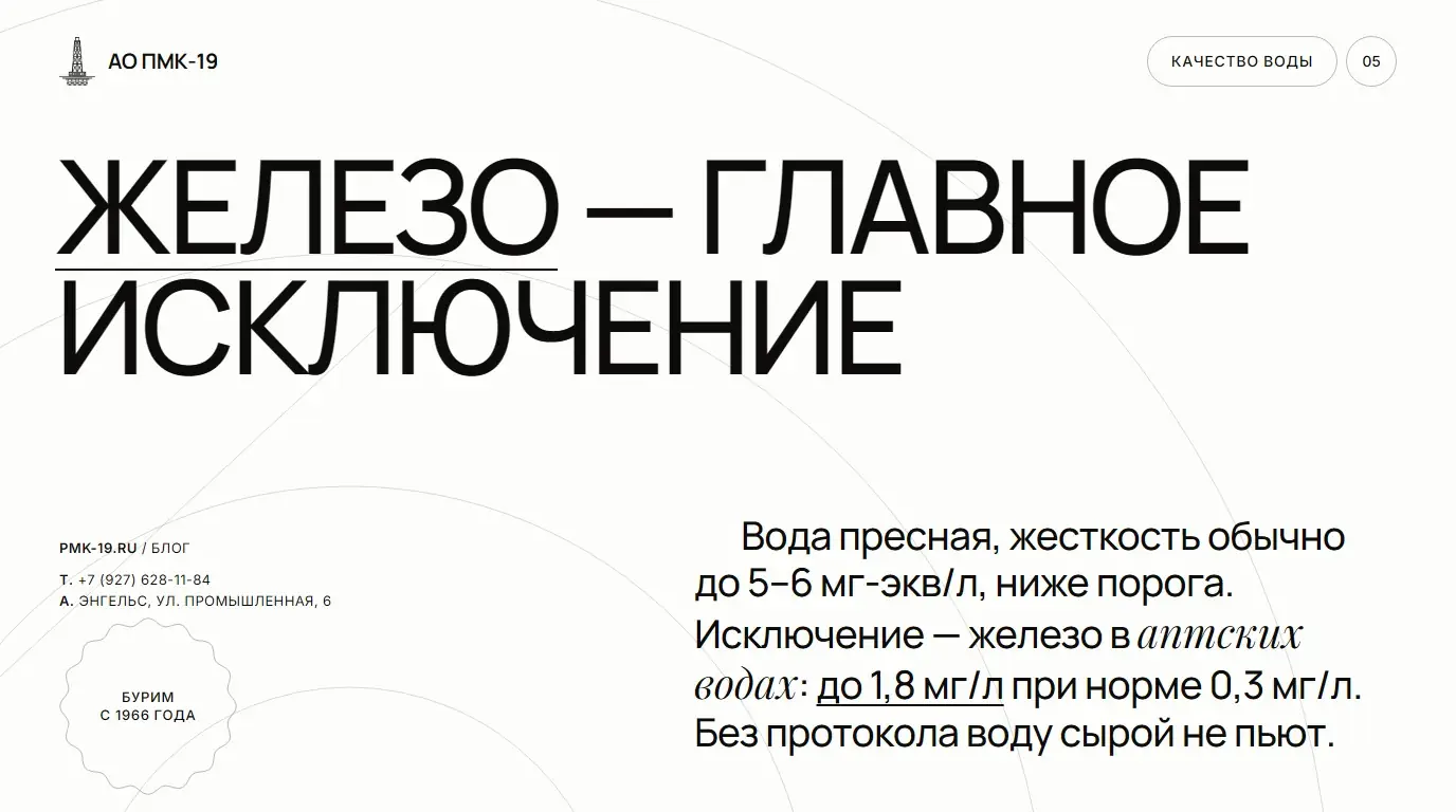 Железо — главное исключение. Вода пресная, жесткость обычно до 5–6 мг-экв/л, ниже порога. Исключение — железо в аптских водах: до 1,8 мг/л при норме 0,3 мг/л. Без протокола воду сырой не пьют.