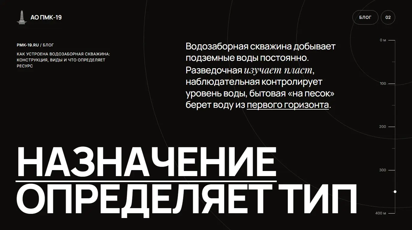 Назначение определяет тип. Водозаборная скважина добывает подземные воды постоянно. Разведочная изучает пласт, наблюдательная контролирует уровень воды, бытовая «на песок» берет воду из первого горизонта.