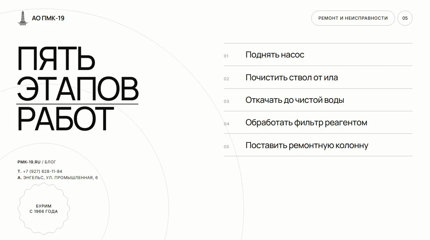 Пять этапов работ. Поднять насос; Почистить ствол от ила; Откачать до чистой воды; Обработать фильтр реагентом; Поставить ремонтную колонну.