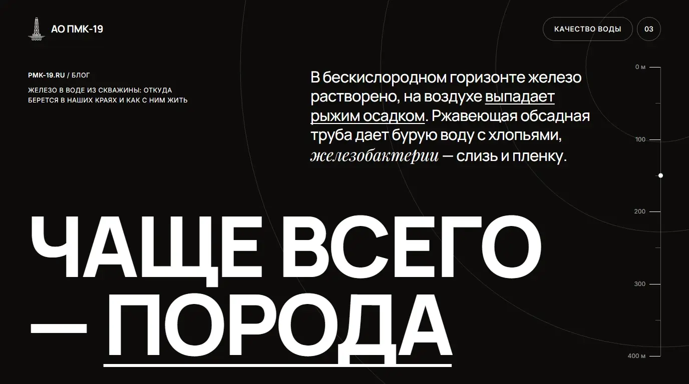Чаще всего — порода. В бескислородном горизонте железо растворено, на воздухе выпадает рыжим осадком. Ржавеющая обсадная труба дает бурую воду с хлопьями, железобактерии — слизь и пленку.